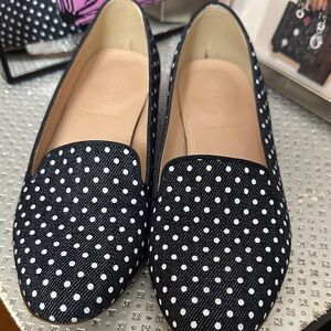 J Crew Blue and White Polka Dot Denim Flats with Silver Glitter  Heel EUC
